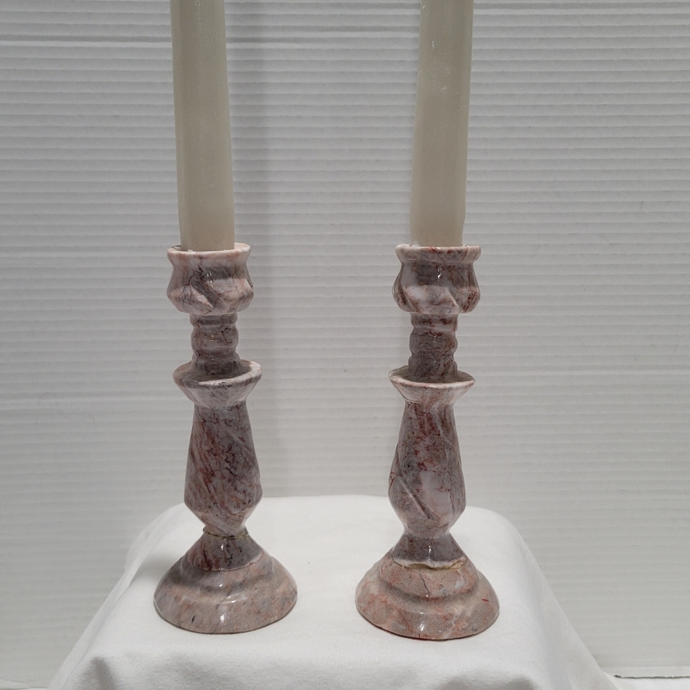 Vintage Pink Marble Candlesticks 6" Natural Stone
